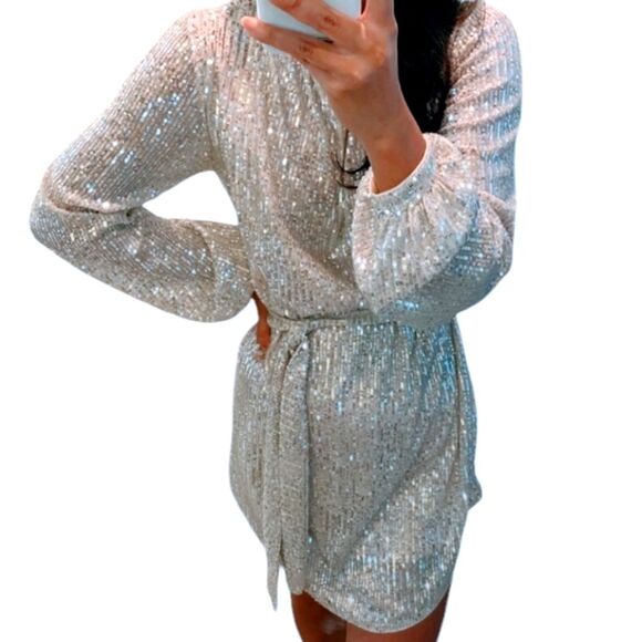Silver Sequins Mock Wrap Mini Dress Cocktail Long Sleeve New with Tags size S - Picture 12 of 12